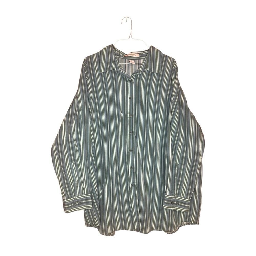 Vintage Roamans Striped Womens Button Down Shirt 1X 3/4 Sleeves Green Normcore